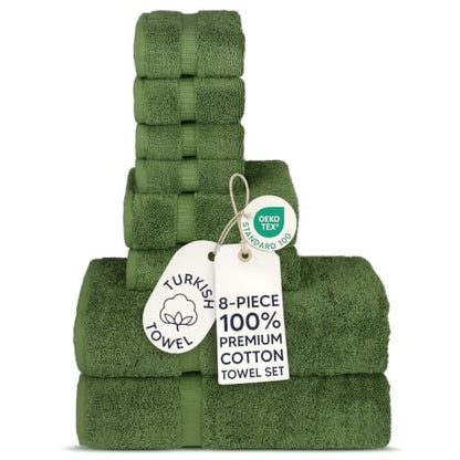 Chakir Turkish Linens Set of 8 Towel Set, 100% Cotton Luxury Turkish Towels for Bathroom, Soft Absorbent Bath Towel Set with 2 Bath Towels 2 Hand Towels 4 Washcloths, Moss - color: Moss