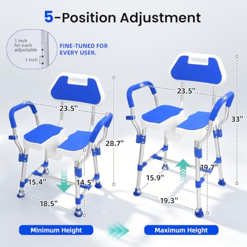U Shaped Shower Chair for Inside Shower with Arms & Back Heavy Duty Shower Bench for Elderly & Disabled Height Adjustable Bath Seat Non-Slip Feet Shower Stool (Blue) - color: Blue