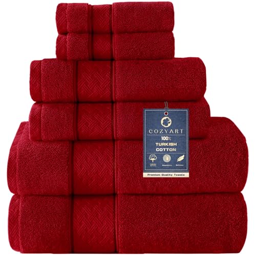 COZYART Bath Towel Set 6 PCS, Luxury Cherry Red 100% Turkish Cotton 650GSM | Soft Absorbent Quick Dry, OEKO‑Tex 100 Cert. Zero Twist Ring Spun Cotton, Plush Fluffy, Breathable Hotel Quality Towels Set - color: Cherry Red