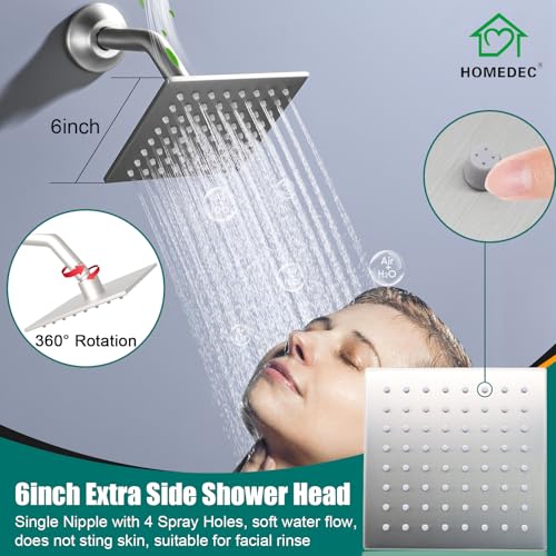 HOMEDEC Multi-Function Shower System with 14x20inch LED and Dual 6inch Shower Heads, 5 Way Valve Ceiling Mount Shower Faucet Set, Brushed Nickel - color: Brushed Nickel, style: 5-Way + 2x 6" Top