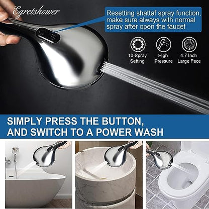 Shower Head with Handheld,High Pressure 10 Spray Modes Showerhead,Chrome | 4.7”Detachable Showerhead Set with 5ft Hose, Adjustable Bracket and Built-in Power Wash to Clean Tub, Tile & Pets - Chrome - color: Polished Chrome
