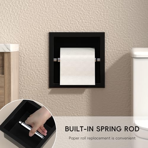 Recessed Toilet Paper Holder Build-in, in Wall Toilet Roll Holder Wall Mounted for Bathroom Renovation Stainless Steel Toilet Tissue Holder (Matte Black)