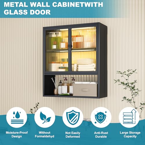 Metal Medicine Cabinet with Glass Doors, Space Saver Bathroom Cabinets Wall Mount with 2 Sense Lights, 23.6"W x 27.6"H Restroom Closet, 3-Tier Wall Cabinet for Bathroom Laundry Room Kitchen - color: Black, style: Classic