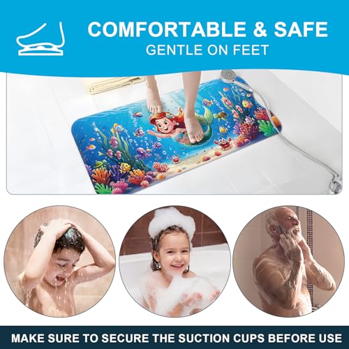 Baby Bath Mat for Tub Non Slip Kids Bath Mat - 40''x16'' Extra Long Cartoon Turtle Baby Bath Tub Mat Eco-Friendly Toddler Bath Mats with Suction Cups & Drain Holes, Easy to Clean & Easy Drying - color: Mermaid