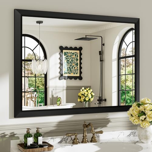 40x30 Inch Black Bathroom Mirror for Wall, Beveled Framed Rectangle Bathroom Vanity Mirrors for Over Sink, Bedroom, Living Room, Entryway, Anti-Rust, HD Tempered Glass, Horizontally/Vertically - size: 40"L x 30"W