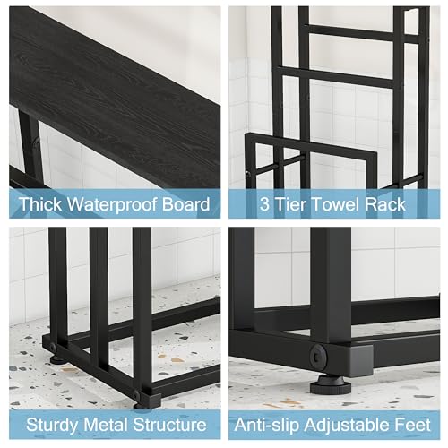 Free Standing Towel Rack for Bathroom, 3 Tier Metal Blanket Rack with Shelf, Blanket Drying and Display Rack for Oversized Bath Towels Bathroom Accessories, Next to Tub or Shower, Black