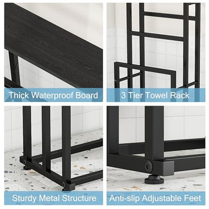 Free Standing Towel Rack for Bathroom, 3 Tier Metal Blanket Rack with Shelf, Blanket Drying and Display Rack for Oversized Bath Towels Bathroom Accessories, Next to Tub or Shower, Black