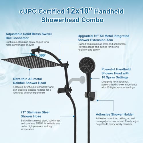 Hibbent All Metal 12" High Pressure Rain Shower Head Combo, Matte Black | cUPC Certified Rainfall Shower Head with handheld 10 Sprays, 16'' Adjustable Extension Arm, 71'' Hose, Showerhead Holder - color: Matte Black, style: Square 12''