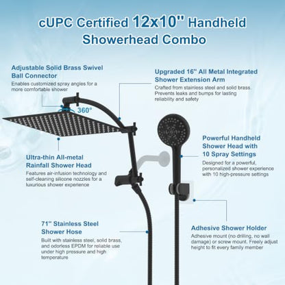 Hibbent All Metal 12" High Pressure Rain Shower Head Combo, Matte Black | cUPC Certified Rainfall Shower Head with handheld 10 Sprays, 16'' Adjustable Extension Arm, 71'' Hose, Showerhead Holder - color: Matte Black, style: Square 12''