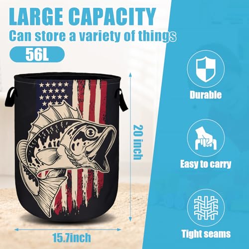 American Flag Bass Fish Laundry Basket, Laundry Hamper Collapsible Oxford Cloth with Handle Clothes Storage Bin for Bathroom Laundry Room Bedroom 15.7 X 20 Inch - color: American Flag Bass Fish