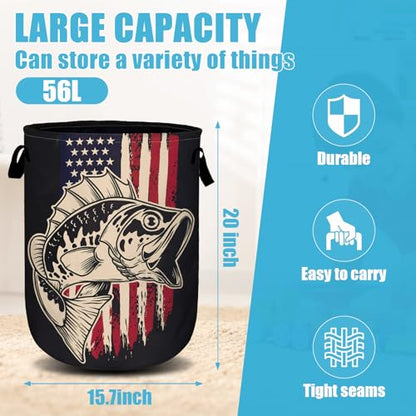 American Flag Bass Fish Laundry Basket, Laundry Hamper Collapsible Oxford Cloth with Handle Clothes Storage Bin for Bathroom Laundry Room Bedroom 15.7 X 20 Inch - color: American Flag Bass Fish