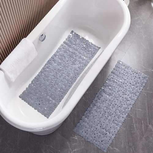 Webos Bath Shower Mat Non Slip: Extra Large Pebble Bathtub mat for Families, Anti Slip Shower Matt with Drain Holes Suction Cups Tub Mat - 16 X 40 Inch Grey - color: Pebble Grey