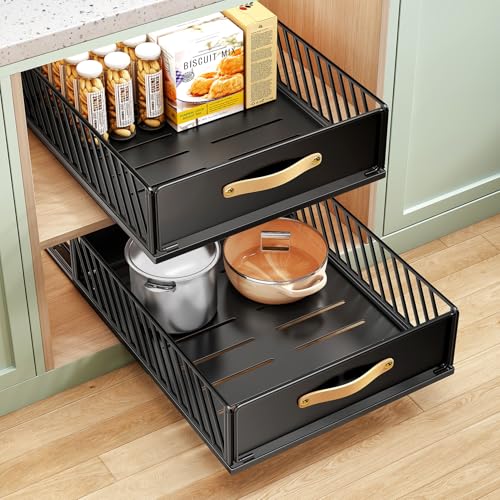 Pull out Cabinet Organizer,Heavy Duty Slide out Pantry Shelves Drawer Storage with Adhesive Nano Film,Sliding Mesh Cabinet Basket with Handle for Kitchen, Bathroom, Home, 15.8"W X 21"D X6.2"H,Black - color: Black, size: 15.8"Wide-21"Deep (1Pack)