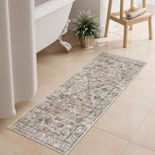 Uphome Bathroom Runner Rug, Distressed Farmhouse Boho Khaki Bath Mat, Non Slip Washable Long Bath Rugs, Vintage Traditonal Soft Velvet Bathroom Runner for Bathtub Sink Shower, 18x47 inch - color: Khaki/Red Brown, size: 18 x 47 inch (Rectangular)