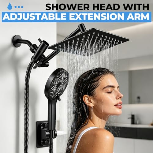 Shower Head, 8 inch Multifunction High Pressure Rain Shower Head with Handheld Spray Combo with 11'' Angle Adjustable Extension Arm/Flow Regulator/Shower System Matte Black - color: Black, size: 8 Inch