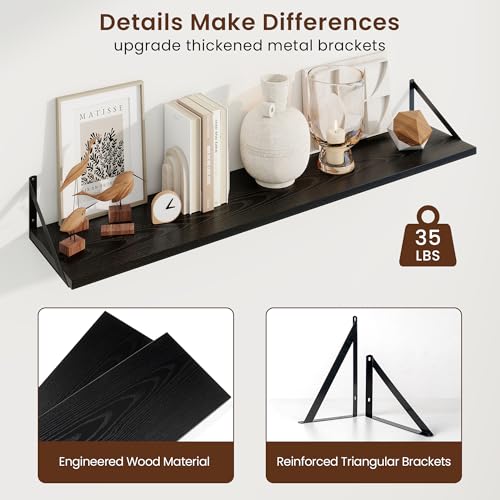 Deep Floating Shelves, 48'' x 10'' Black Wall Shelves Set of 2 | 10 Inch Deep Shelves with Heavy Duty Brackets, Rustic Wood Shelves for Bathroom Living Room, Engineered Wood, 50LBS - color: Black, size: 48W x 10D