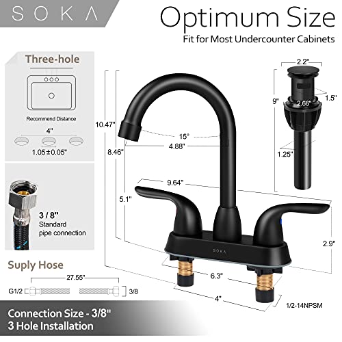 SOKA 2 Handle Bathroom Faucet Black, 4 Inch Black Bathroom Sink Faucet Centerset with Lift Rod Drain Stopper and Supply Hoses, RV Bathroom Faucet 3 Holes, Matte Black Bathroom Faucet - color: Matte Black, size: 4" Double-handled
