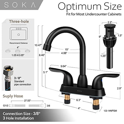 SOKA 2 Handle Bathroom Faucet Black, 4 Inch Black Bathroom Sink Faucet Centerset with Lift Rod Drain Stopper and Supply Hoses, RV Bathroom Faucet 3 Holes, Matte Black Bathroom Faucet - color: Matte Black, size: 4" Double-handled