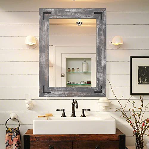 Rustic Wooden Framed Wall Mirror, Natural Wood Bathroom Vanity Mirror for Farmhouse Decor, Vertical or Horizontal Hanging - color: Concrete Grey, size: 32"L x 24"W