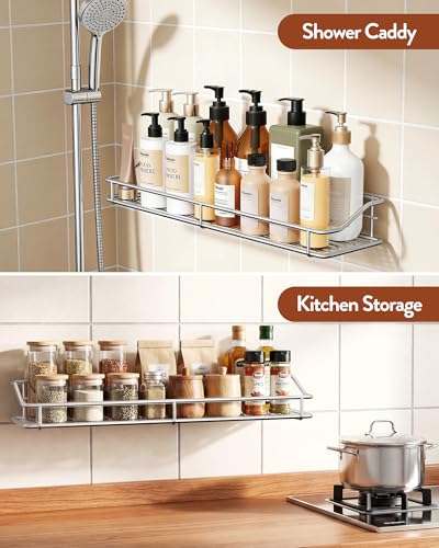 Orimade Bathroom Shelf Organizer Shower Caddy Storage Kitchen Rack with Traceless Transparent Adhesive No Drilling SUS304 Stainless Steel, 15.75 inch, Silver - color: Silver