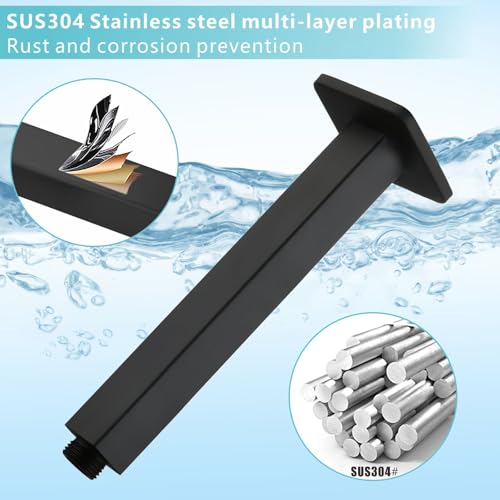 Ceiling Mounted Shower Arm with Flange, Universal Connection 1/2 NPT Straight, Made of Thicken Stainless Steel, Square Extension Arm for Fixed Rain Shower Head(8 Inch,Matte Black) - color: Matte Black, style: 8 Inch