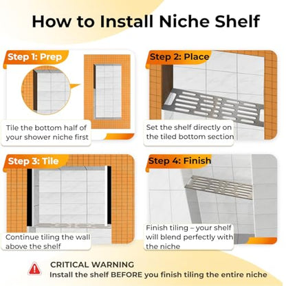 Shower Niche Shelf for 12 Inch Prefab Niches,Fits 1/8" Grout Lines | Brushed 304 Stainless Steel, Rustproof, Easy to Clean, for New Remodels (Install Pre-Tile), Fits Prefab Kerdi Board SN/-SNLT