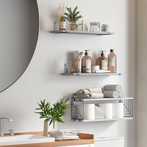 Fixwal 3+1 Tier Bathroom Floating Shelves Over Toilet, Gray | Gray Wood Shelf Set with Toilet Paper Storage Basket, Natural Finish, 40Lb Weight Limit, Quick Mount, Versatile - color: Grey