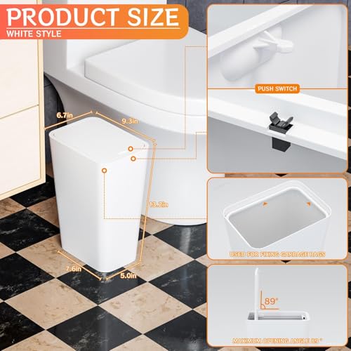 Yieach 12L White Slim Bathroom Trash Can with Lid,3.17 Gallon Pet/Dog Proof Kitchen Trash Can,Rectangle Thin Garbage Can,Covered Waste Basket,Narrow Small Plastic Trashcan for Room,Bedroom,Office,1PCS - color: White, size: 12L - 1 PACK