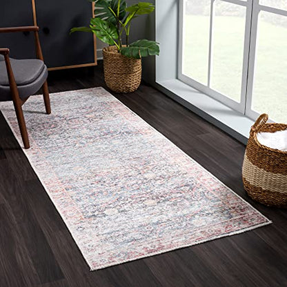 Bloom Washable Non-Slip 7 ft Blue/Red Boho Runner Rug - Kitchen, Hallway - color: Ocean Blue / Brick, size: 2'6" x 7' (Runner)