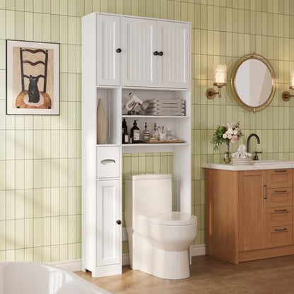 Over The Toilet Storage Cabinet, with Five Doors, White | Over Toilet Bathroom Organizer with Adjustable Shelves, Above Toilet Storage Cabinet for Bathroom, Restroom, Laundry