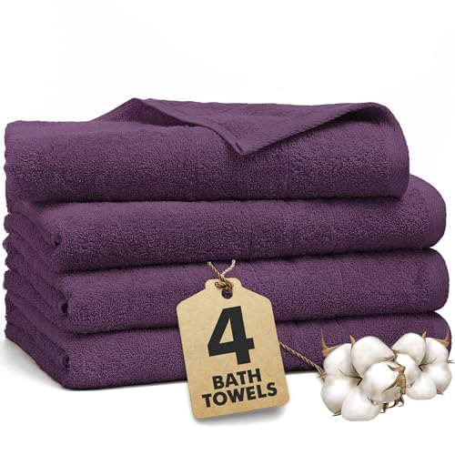 Bath Towels Set of 4 – 100% Ring Spun Cotton Dark Purple Extra Large Towels for Bathroom, Spa Use (55x28 in) – 550 GSM Super Soft and Quick Dry Large Bath Sheets for Adults - color: Dark Purple, size: Bath Towels