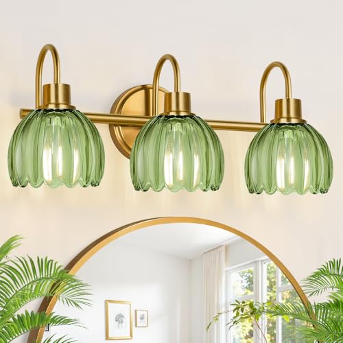 Bathroom Light Fixtures (3-Light, 20 in), Brushed Gold Vanity Lights for Bathroom with Ribbed Green Tulip Glass Shade, Vintage Vanity Wall Lights for Mirror Bedroom Living Room Hallway - color: Brushed Gold - Tulip Green, size: 3-light