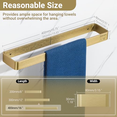 SAYAYO Brushed Gold Hand Towel Holder for Bathroom Wall, 16 Inch Self Adhesive Towel Bar Hand Towel Rack Square Heavy Duty - color: Gold, size: 16 Inch