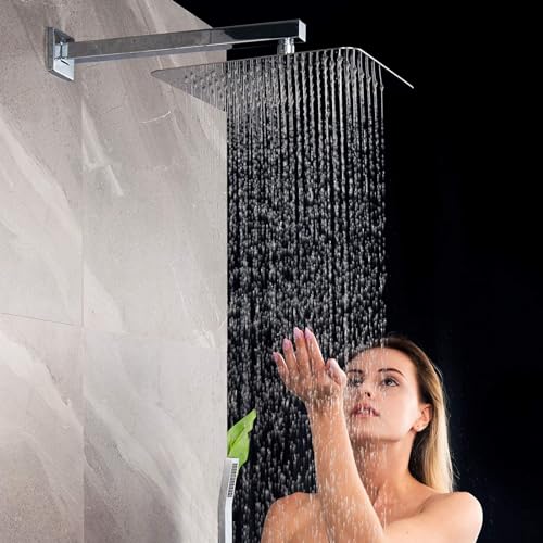 Voolan All Metal Shower Head with Extension Arm, Stainless Steel Waterfall Rainfall Showerheads, High Flow Bathroom Square Rain Shower Head (10’’ Shower Head with 16’’ Shower Arm, Chrome) - color: Chrome, size: 10’’ Shower Head with 16’’ Shower Arm