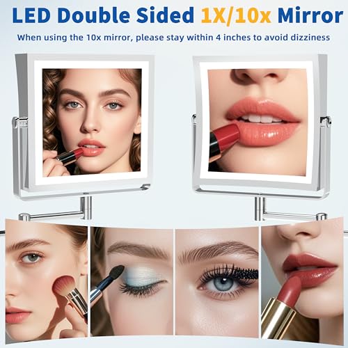 Ruacq Wall Mounted Makeup Mirror with Lights 1X/10X Dual Sided Chrome | 8",4000mAh Rechargeable,Magnification,3 Color,Touch Screen Dimmable,360° Rotation Extension Foldable Arm, Square, Women Gift - color: Chrome