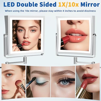 Ruacq Wall Mounted Makeup Mirror with Lights 1X/10X Dual Sided Chrome | 8",4000mAh Rechargeable,Magnification,3 Color,Touch Screen Dimmable,360° Rotation Extension Foldable Arm, Square, Women Gift - color: Chrome