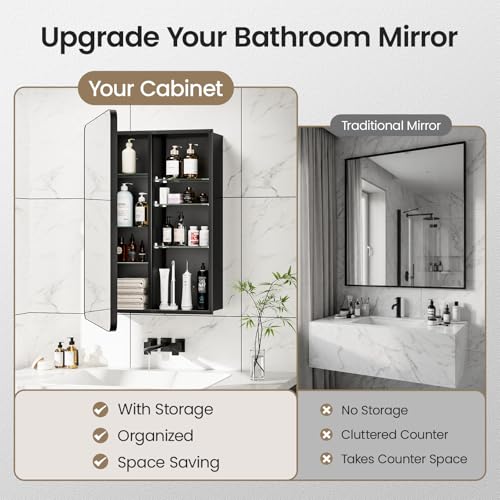 20x30 Black Medicine Cabinet with Mirror, Recessed & Surface Mount | Bathroom mirror with storage: 6 adjustable shelves fit tall bottles; DTC soft-close hinges; rust-resistant aluminum - size: 20" x 30"