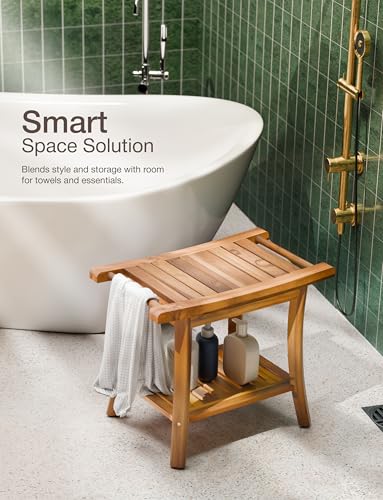 TINAMO 22" Teak L Shower Bench Seat for Inside Shower, 400Lbs Capacity | Solid Teak Wood, Sturdy 400 LBS Capacity, Slatted Design, Built-In Shelf & Handles, Non-Slip, Water-Resistant, Versatile Use