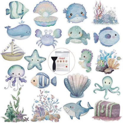 Secopad Bathtub Non Slip Stickers with Strong Adhesive, 20pcs Large Cute Sea Creature Anti Slip Shower Decal with Scraper for Bath Tub, Shower Floor, Stairs