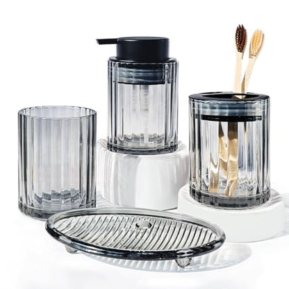 CERBIOR Bathroom Accessories Set, 4 PCS Glass Bathroom Set,Black Grey | Includes Soap Dispenser, Toothbrush Holder, Toothbrush Cup, Soap Dish for Decorative Countertop and Housewarming Gift - style: Black Grey
