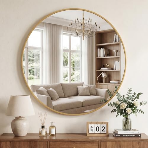 DUMOS 24 Inch Round Wall Mirror, Bathroom Mirrors for Over Sink | Matte Metal Framed Circle Mirror, Wall Decor for Bedroom, Entryway, Anti-Rust, Tempered Glass, Hanging or Leaning, Gold - color: Gold-basic, size: 24"L x 24"W