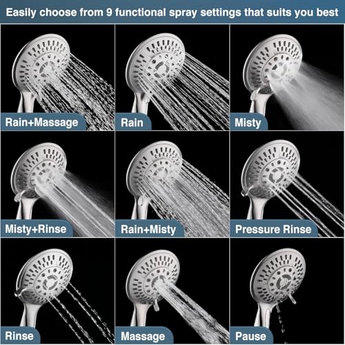 BRIGHT SHOWERS 9 Spray Settings Shower Head with Handheld High Pressure Brushed Nickel Hand Held Showerhead with 60 Inch Stainless Steel Hose and Adjustable Overhead Bracket - color: Brushed Nickel, size: 1.8 Gallon Per Minute
