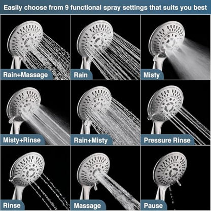 BRIGHT SHOWERS 9 Spray Settings Shower Head with Handheld High Pressure Brushed Nickel Hand Held Showerhead with 60 Inch Stainless Steel Hose and Adjustable Overhead Bracket - color: Brushed Nickel, size: 2.5 Gallon Per Minute