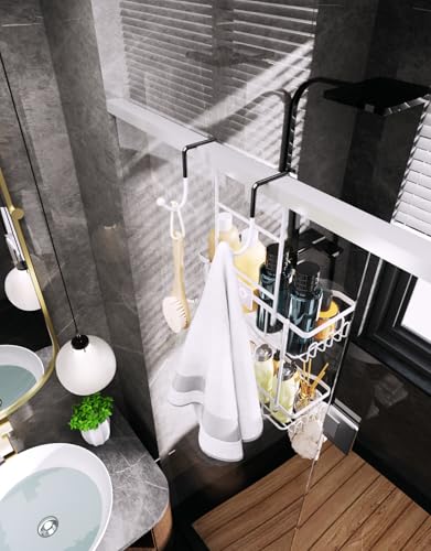 HapiRm Hanging Shower Caddy Over the Door with Soap Holder, No Drilling Adhesive Shower Organizer with 11 Hooks, Rustproof & Waterproof 304 Stainless Steel Bathroom Shelves - White - color: White-2