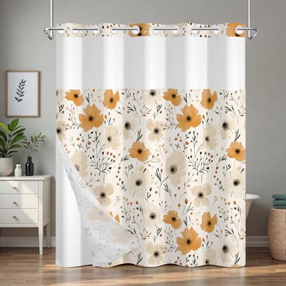 No Hook Shower Curtain with Snap in Liner, Double Layers Waterproof Bathroom Shower Curtain Sets with See Through Window and Weighted Hem, Floral Bath Curtain for Bathroom and Hotel, 71" W x 74" L - color: Beige Flowers