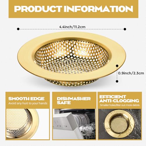2 Pcs Sink Strainer Stainless Steel Kitchen Sink Drain Strainer Basket Cover Mesh Hair Food Catcher, Large Wide Rim of 4.4 Diameter(Brushed Gold) - color: Brushed Gold