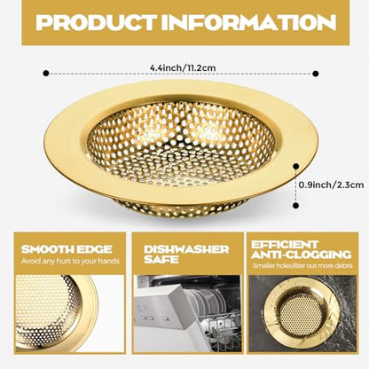 2 Pcs Sink Strainer Stainless Steel Kitchen Sink Drain Strainer Basket Cover Mesh Hair Food Catcher, Large Wide Rim of 4.4 Diameter(Brushed Gold) - color: Brushed Gold