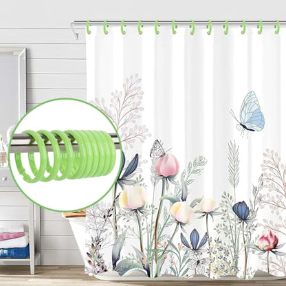 Green Shower Curtain Hooks - 12 Pcs Circular Plastic Shower Curtain Rings for Bathroom - O Shaped Green Shower Hooks Rings for Shower Curtain Rod - color: Green