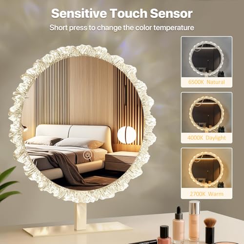 Crystal Vanity Mirror, 11" Silver LED Makeup Mirror, 3CCT Touch | Crystal Vanity Mirror with 2700K/4000K/6500K CCT, 10%-100% Dimming, Touch Control, and Adjustable Angle for Makeup Stations - size: 13.4"L x 11.8"W