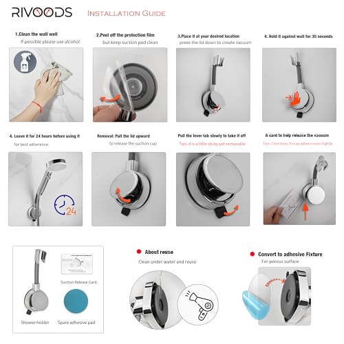 Suction Cup Handheld Shower Head Holder - 360 Swivel Adjustable Metal Neck - Wall Mounted Shower Wand Holder ，Chrome